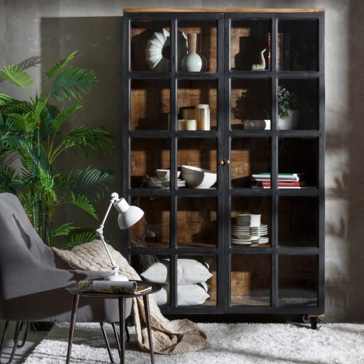 VITRINA NEGRO-NATURAL MADERA DE MANGO 115 X 40 X 194 CM